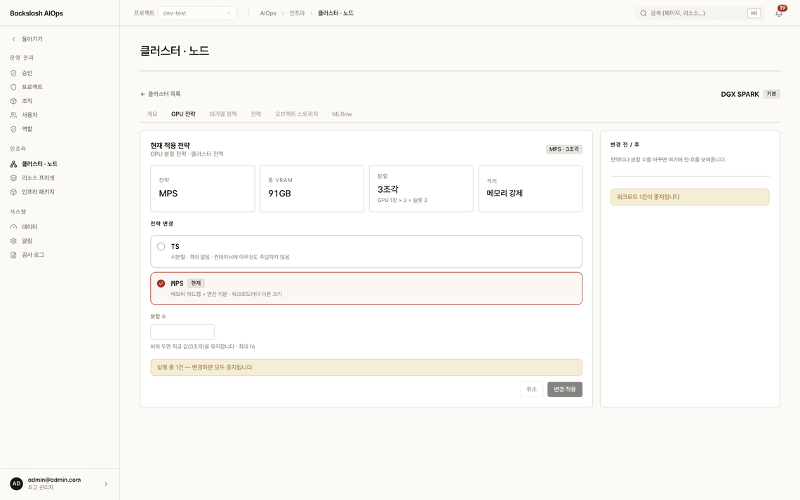ノードごとのGPU分割モードを切り替えるBackslash AIOpsのGPU分割戦略画面