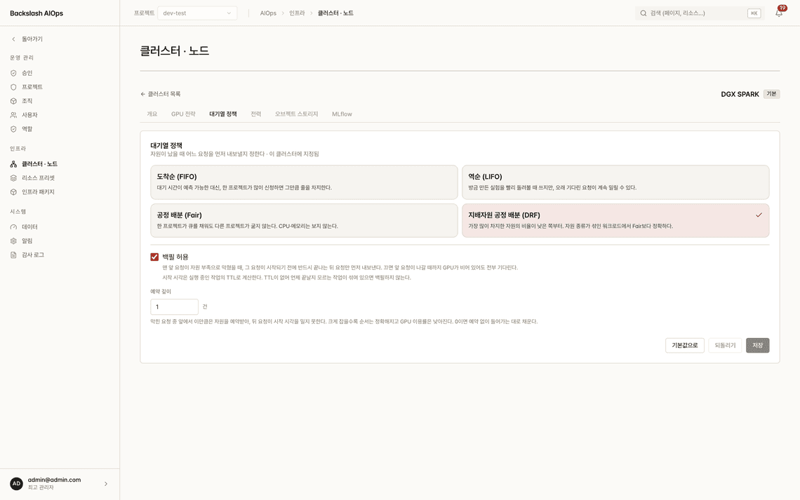 クラスターごとに待機キューポリシーを選択するBackslash AIOpsのスケジューリング設定画面